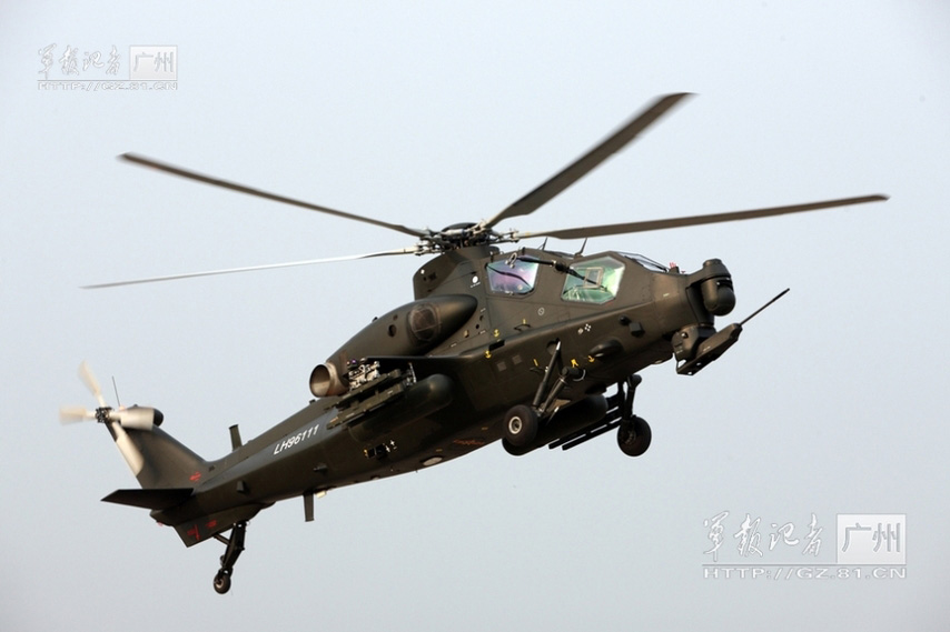 China's independently-developed WZ-10 armed helicopter of an army aviation brigade of the Guangzhou Military Area Command (MAC) of the Chinese People's Liberation Army (PLA) is in training. (China Military Online/Li Sanhong)