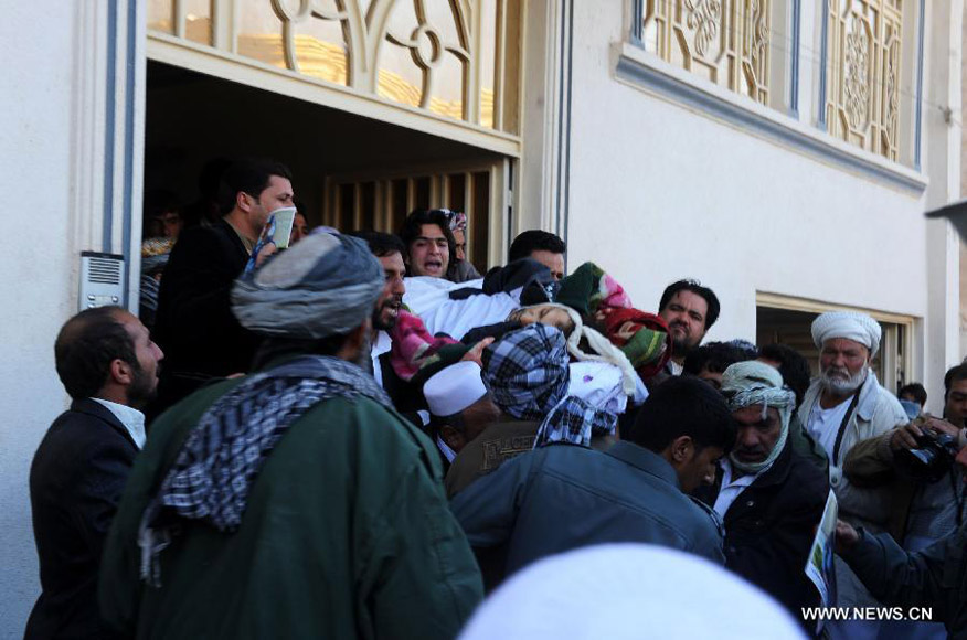 Afghan people carry the body of Mohammad Musa Rasouli, the police chief of Nimroz province, during his funeral in Herat, Afghanistan, on Dec. 10, 2012. The police chief was killed Monday in a blast in the neighboring Herat province, a police spokesman said. (Xinhua/Sardar) 