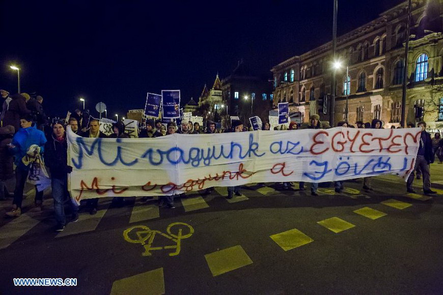 Students protest against the planned reforms of Hungarian education system in Budapest, capital of Hungary, on Dec. 12, 2012.  (Xinhua/Attila Volgyi) 