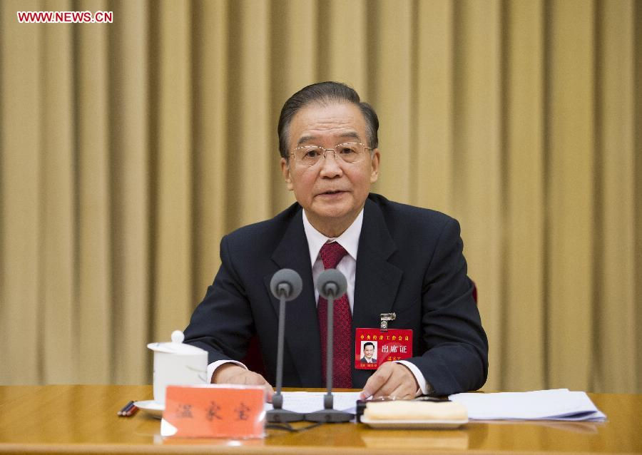 Photo released on Dec. 16, 2012 shows Chinese Premier Wen Jiabao addressing the central economic work conference in Beijing, capital of China. The two-day meeting was held here from Dec. 15 to Dec. 16. (Xinhua/Li Xueren)