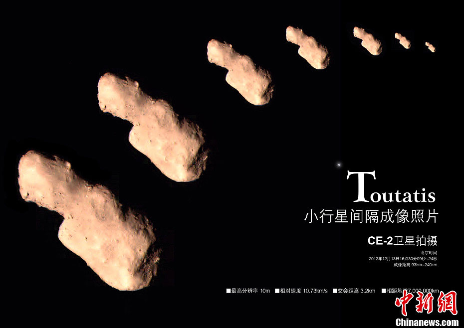 China's space probe Chang'e-2 has successfully conducted a maneuver in which it flew by the asteroid Toutatis, about seven million km away from the Earth. (Photo/Chinanews.com)