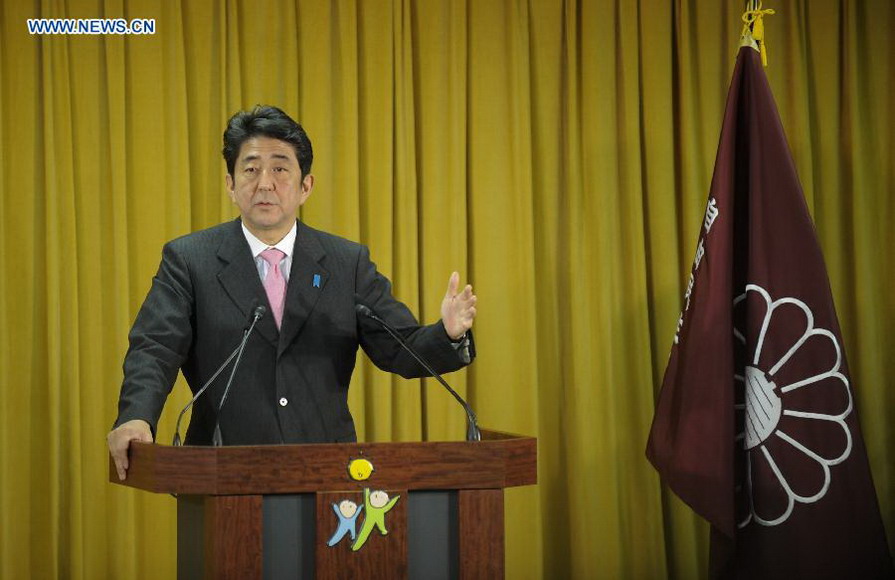 Shinzo Abe, leader of Japan's Liberal Democratic Party (LDP), attends a press conference at the headquarters of LDP in Tokyo, Japan, Dec. 17, 2012. LDP won by a landslide in Sunday's House of Representatives election as it solo secured 294 seats in the election. (Xinhua/Kenichiro Seki) 