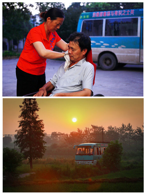  Liang Benfeng (Top left) is cleaning her husband Song Shiyin’s face. Song is paralyzed because of a workplace accident nine years ago. Liang didn’t abandon the disabled husband and started to co-run a mini bus for living. The bus has run over 500,000 kilometers over the past 10 years and become a symbol of their love. (Xinhua/Du Yu, Xu Zijian)