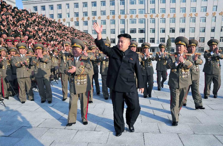 This photo provided by KCNA on Nov. 21, 2012 shows Kim Jong Un (Front), top leader of the Democratic People's Republic of Korea (DPRK), visits the Ministry of State Security, on Nov. 20, 2012. (Xinhua/KCNA)