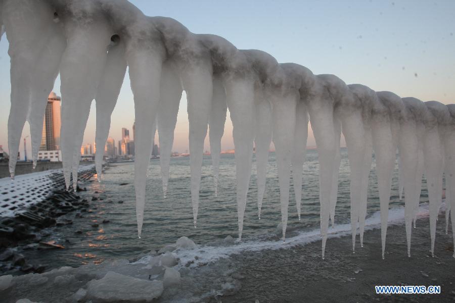 Photo taken on Dec. 24, 2012 shows the icicles by the sea in Yantai, a coastal city in east China's Shandong Province. (Xinhua/Shen Jizhong)