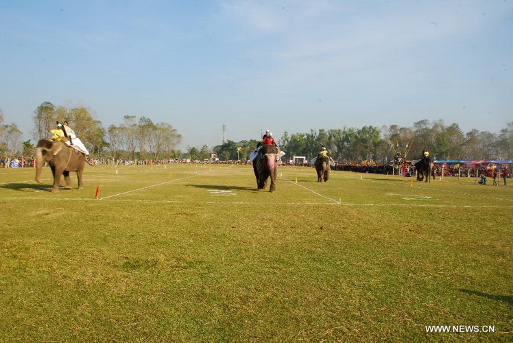 Participants ride elephants during the 9th International Elephant Festival in Sauraha of Chitwan district, Nepal, Dec. 26, 2012. The festival was organized to promote the tourism and to make awareness of elephant conservation in Nepal. (Xinhua/Sunil Pradhan) 