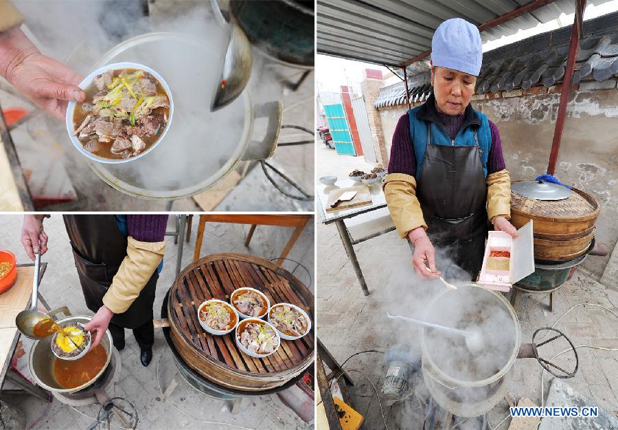 Combo photo taken on Dec. 27, 2012 shows Su Lanhua, a woman of the Hui ethnic group, making halal food in Xinglong Town of Xiji County, northwest China's Ningxia Hui Autonomous Region. (Xinhua/Peng Zhaozhi)  