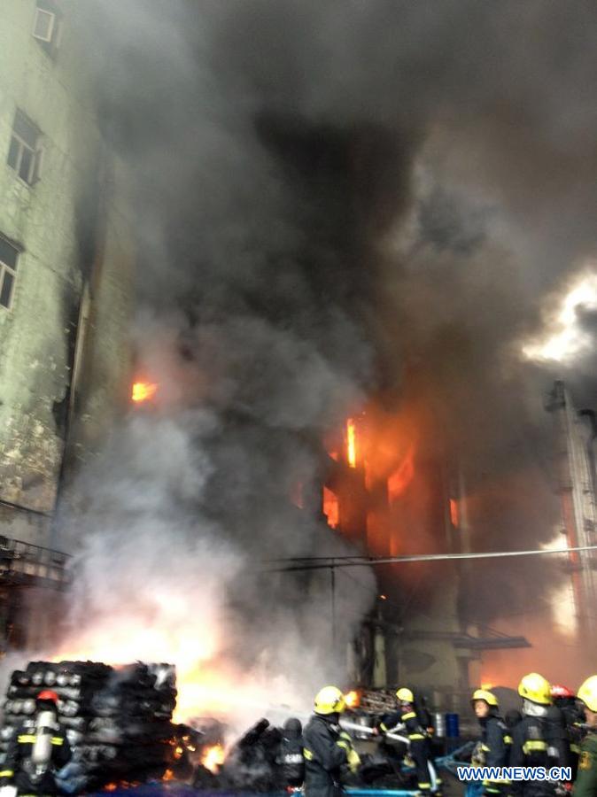 Firefighters try to extinguish a fire at a tannery in Wenzhou, east China's Zhejiang Province, Jan. 3, 2013. A fire broke out in the Hongdeli Tannery at about 7:50 a.m. Thursday on the Wenchang Road in Wenzhou City. By now, firefighters are still trying to put out the fire. No casualty has been reported. (Xinhua) 