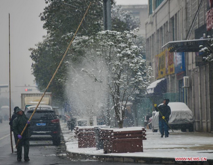 Sanitationmen clear the snow on the trees in Ji'an County, east China's Zhejiang Province, Jan. 4, 2013. Zhejiang Weather Bureau on Friday issued the first orange alert for road icing after the heavy snow and freezing weather since Thursday. (Xinhua/Xu Yu) 