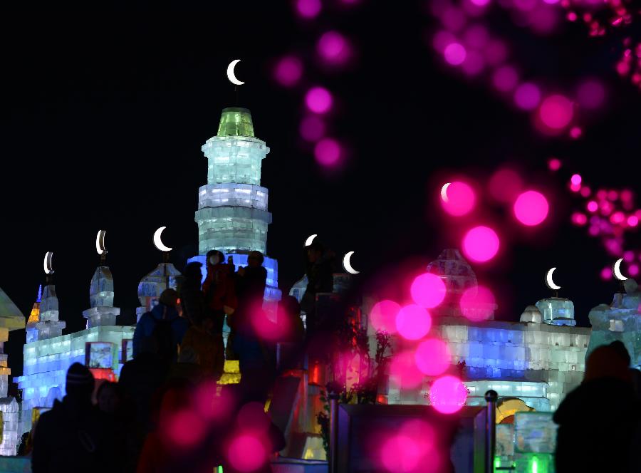 Visitors take photo of the night scenery of the Ice and Snow World during the 29th Harbin International Ice and Snow Festival in Harbin, capital of northeast China's Heilongjiang Province, Jan. 5, 2013. The festival kicked off on Saturday. (Xinhua/Wang Kai)