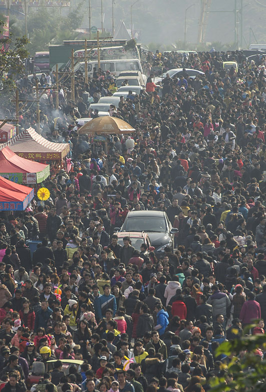 On Jan. 1, 2013, also the first day of New Year holiday, people flock into Yangren Street, a pedestrian shopping street in southwest Chinese city Chongqing. (Xinhua/Chen Cheng)