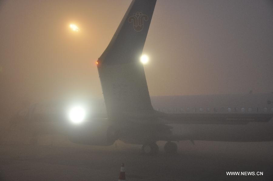 An airliner is grounded at Chengdu Shuangliu International Airport due to heavy fog in Chengdu, capital of southwest China's Sichuan Province, Jan. 6, 2013. Heavy fog here forced the airport to shut down on Jan. 6, grounding more than 100 flights and stranding nearly 10,000 passengers. By 11:30 a.m., the fog had begun to disperse and three Air China flights were allowed to take off from the airport. (Xinhua/Lu Junming)