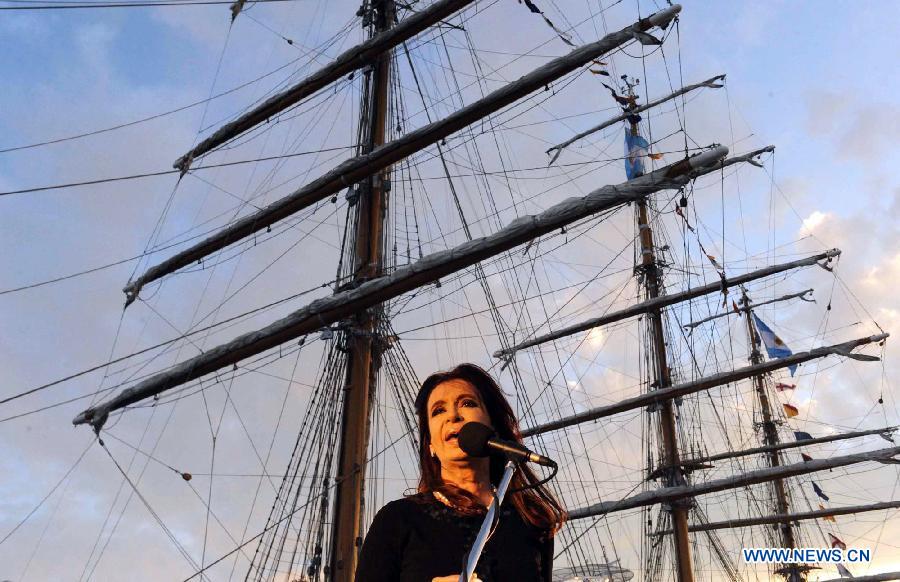 Argentina's President Cristina Fernandez addresses the ceremony for Argentina's Frigate Libertad's arrival in the port of Mar del Plata, Argentina, Jan. 9, 2013. The Frigate Libertad, which was held in Ghana from Oct. 2 to Dec, 19, 2012 due to a court order, arrived in Mar del Plata on Wednesday, according to local press. (Xinhua/TELAM)