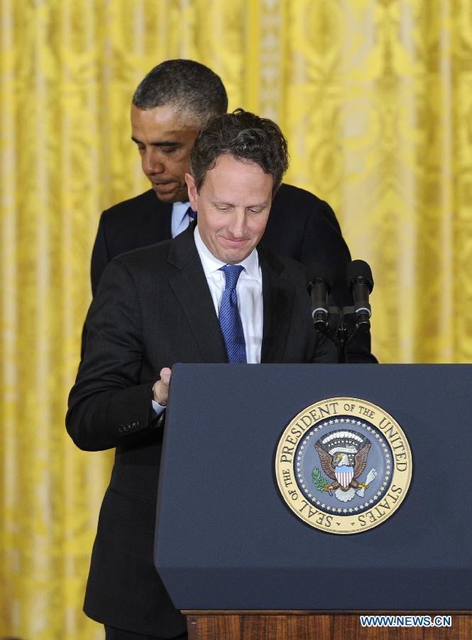 U.S. President Barack Obama (L) and Treasury Secretary Timothy Geithner attend a nomination ceremony in the East Room of the White House in Washington D.C., capital of the United States, Jan. 10, 2013. U.S. President Barack Obama on Thursday picked White House Chief of Staff Jacob Lew as the next Treasury Secretary succeeding Timothy Geithner, a big step of shaping his economic team. (Xinhua/Zhang Jun) 
