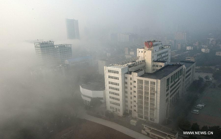 Buildings are seen amid dense fog in Wuhan City, capital of central China's Hubei Province, Jan. 12, 2013. (Xinhua/Cheng Min) 