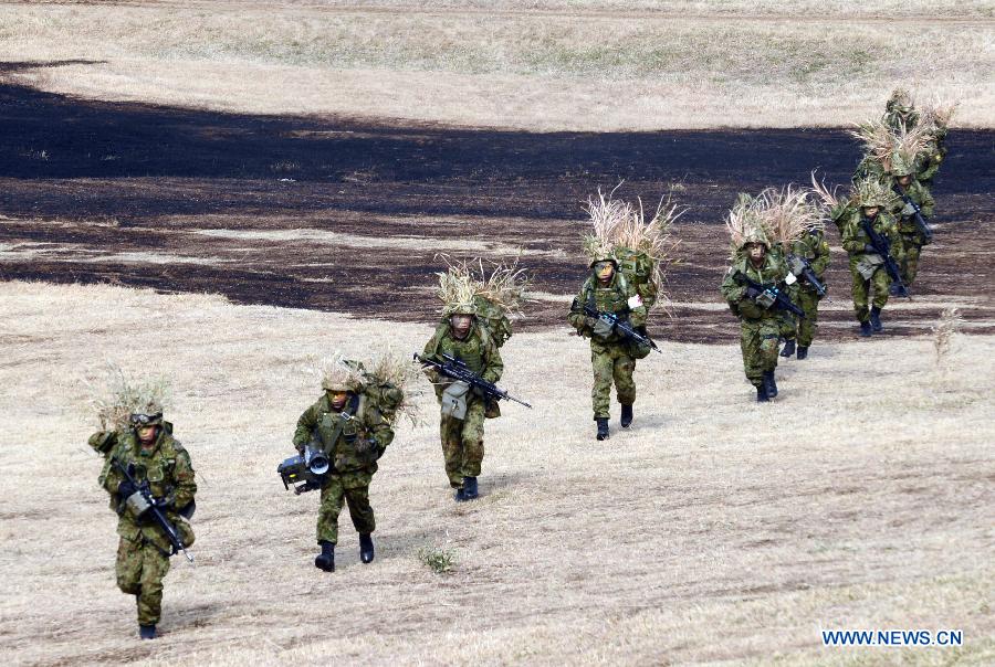 Members of Japan's Ground Self Defense Force 1st Airborne Brigade take part in a military exercise in Narashino, suburban Tokyo, Japan, Jan. 13, 2013. A total of 300 personnel, 20 aircraft and 33 vehicles took part in the open exercise at the defense force's Narashino training ground. (Xinhua/Ma Ping)