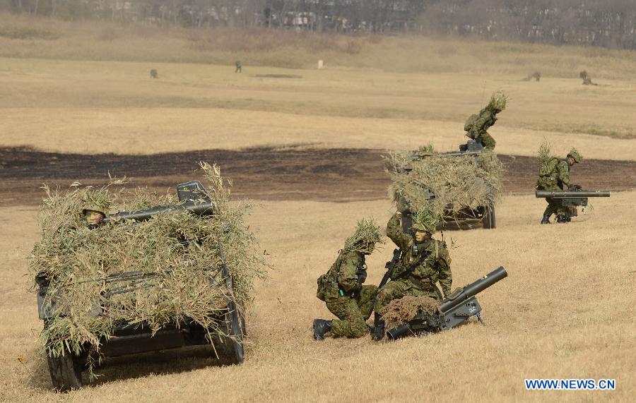 Members of Japan's Ground Self Defense Force 1st Airborne Brigade take part in a military exercise in Narashino, suburban Tokyo, Japan, Jan. 13, 2013. A total of 300 personnel, 20 aircraft and 33 vehicles took part in the open exercise at the defense force's Narashino training ground. (Xinhua/Ma Ping)