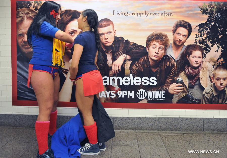 Participants take part in the No Pants Subway Ride in New York, the United States, on Jan. 13, 2013. (Xinhua/Wang Lei)