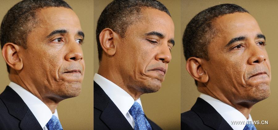 This combination of photos shows U.S. President Barack Obama holding a press conference in the East Room of the White House in Washington D.C., capital of the United States, Jan. 14, 2013. The United States is making progress in enhancing its fiscal sustainability in the past years as a result of government spending cuts and more government revenue, Obama said here on Monday. (Xinhua/Zhang Jun) 