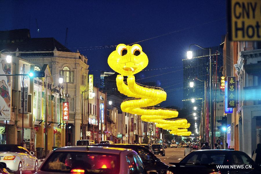 Picture taken on Jan. 15, 2013 shows a 300-meter-long snake-like lantern in South Bridge Road in Singapore. The New Year lanterns lit up first time for preview on Tuesday. (Xinhua/Then Chih Wey)