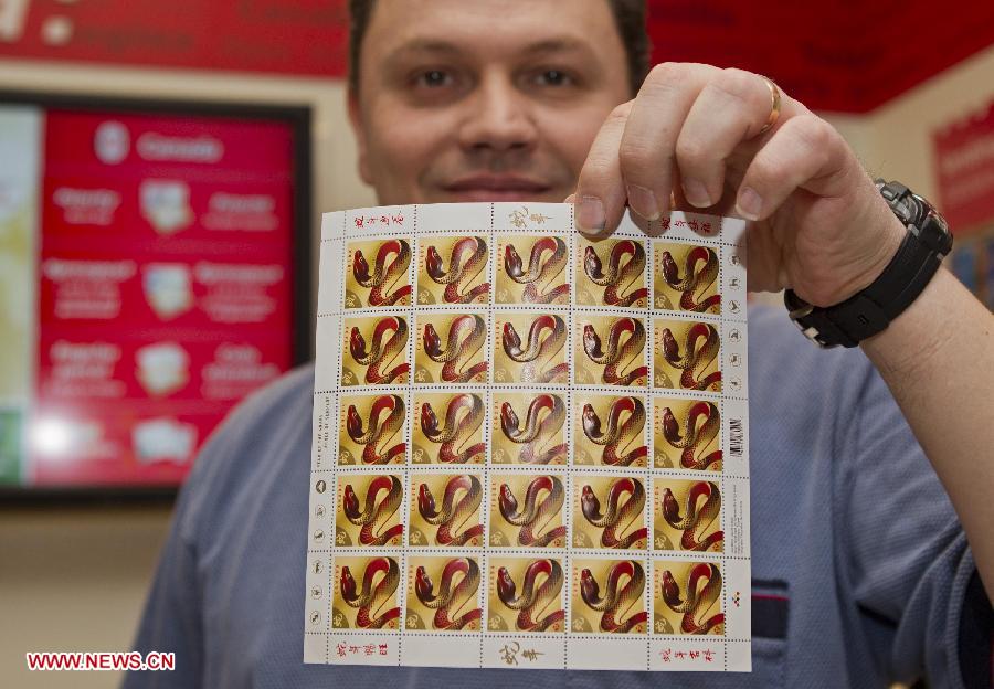 A staff member of Canada Post shows domestic rate stamps of the Year of the Snake at a post office in Toronto, Canada, Jan. 8, 2013. Canada Post issued the Year of the Snake domestic and international rate stamps and collectibles on Tuesday in celebration of the Chinese Lunar Year of the Snake starting from Feb. 10. The stamps were designed by Joseph Gault and Avi Dunkelman. (Xinhua/Zou Zheng)
