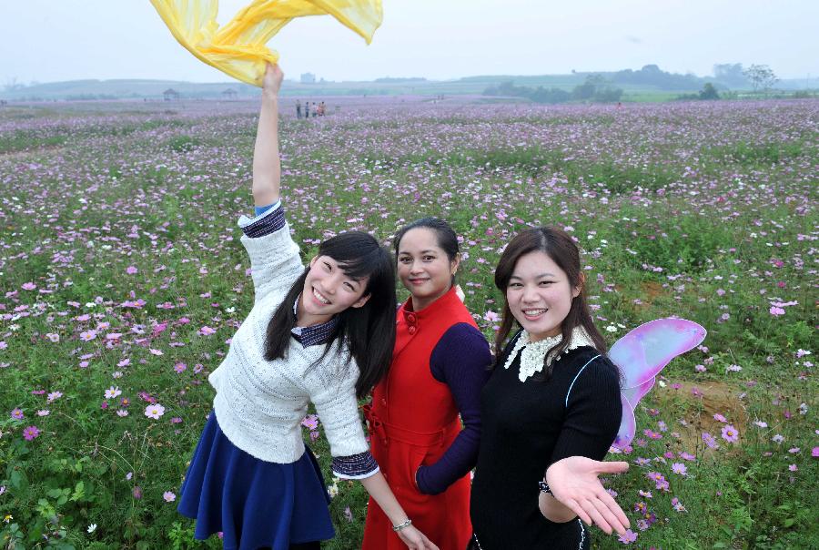 Visitors pose for photos at a Kelsang flower (cosmos bipinnatus) field in Nanning, capital of south China's Guangxi Zhuang Autonomous Region, Jan. 16, 2013. The kelsang flower, or cosmos in scientific name, has entered its bloom season recently, attracting numbers of visitors. (Xinhua/Zhou Hua) 