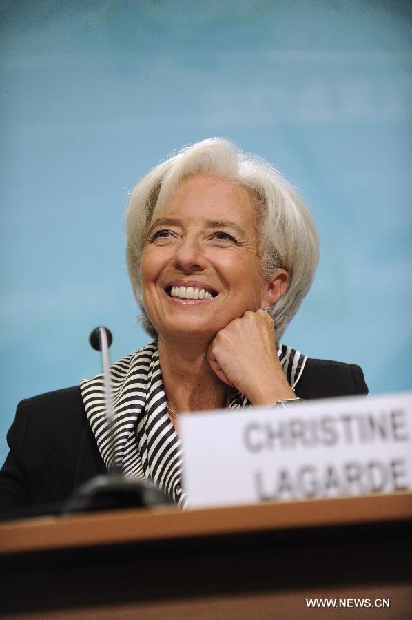 Managing Director of the International Monetary Fund (IMF) Christine Lagarde attends a news conference on the outlook of global economy in 2013 in Washington D.C., Jan. 17, 2013. There is a lot of work left to do to bolster global economic recovery despite some important steps taken in key economies to reduce financial and fiscal risks, Christine Lagarde said here on Thursday. (Xinhua/Wang Yiou) 