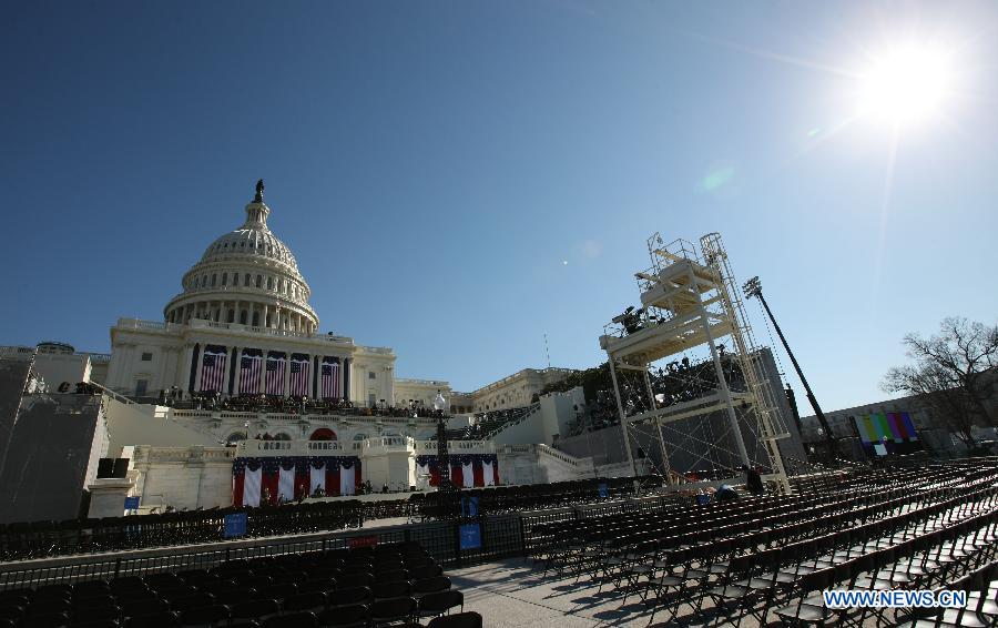 The west front of the U.S. Capitol is pictured during preparations for U.S. President Barack Obama's second inauguration in Washington D.C., the United States, Jan. 20, 2013. An estimated 800,000 people may attend Monday's inauguration ceremony and parade. (Xinhua/Fang Zhe) 