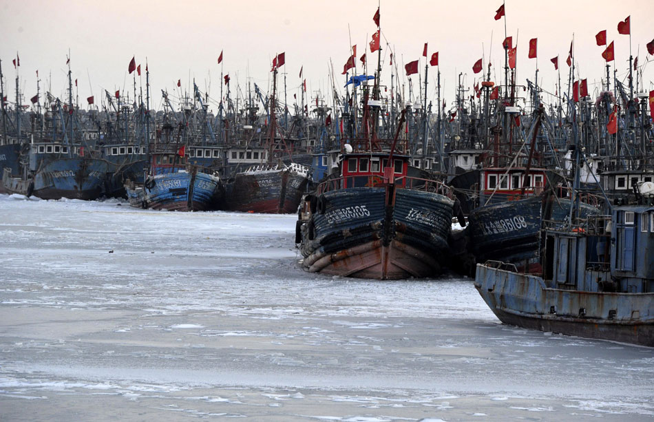 The expanding sea ice forces more than 100 fishing vessels to stay at a frozen port in Dalian, Liaoning province, Jan. 17, 2012. (Xinhua/Liu Debin)