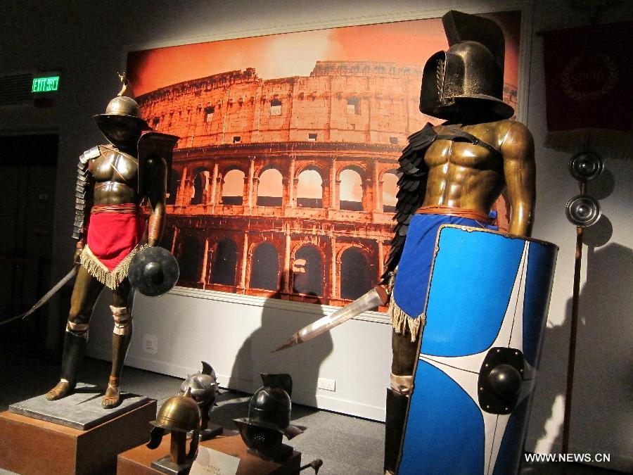 Models of ancient Rome's gladiator are seen during an exhibition at Hong Kong Science Museum in south China's Hong Kong, Jan. 23, 2013. Exhibition "Julius Caesar - Military Genius and Mighty Machines" is underway at the Hong Kong Science Museum. More than 40 exhibits reflecting the science and technology of ancient Romans were displayed on the show. (Xinhua/Zhao Yusi) 