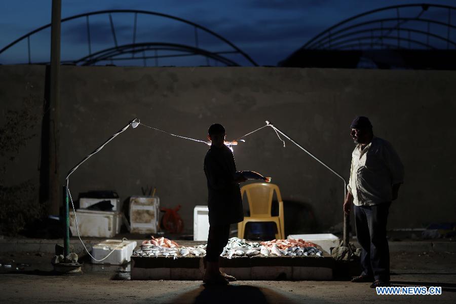 Palestinian fishermen sell fish on a beach upon their return from the sea, in Gaza City on Jan. 23, 2013. (Xinhua/Wissam Nassar)