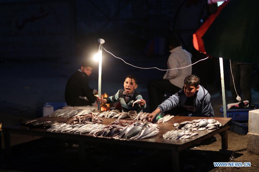 Palestinian fishermen sell fish on a beach upon their return from the sea, in Gaza City on Jan. 23, 2013. (Xinhua/Wissam Nassar) 