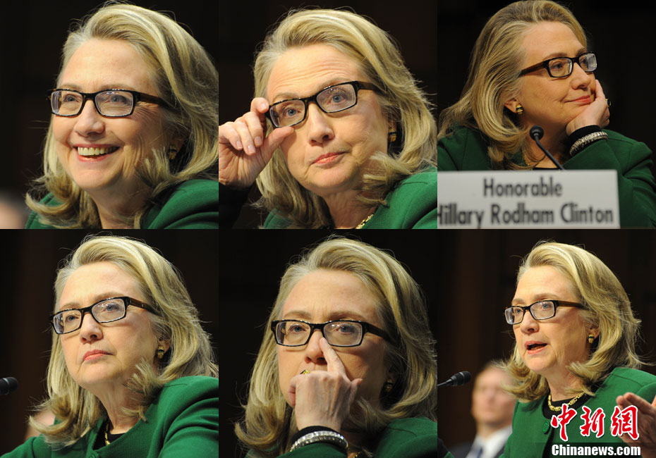 U.S. Secretary of State Hillary Clinton testifies about the September attacks on the U.S. diplomatic mission in Benghazi, Libya, on Capitol Hill, U.S., Jan. 23, 2013. It was the last time Clinton attended the Congressional hearing as the U.S. top diplomat. After the heated inquires from the House of Representatives and the Senate, the "Iron lady" rarely let herself cry, smile and be angered, which has shown different sides of her nature.(Chinanews.cn/Wu Qingcai)