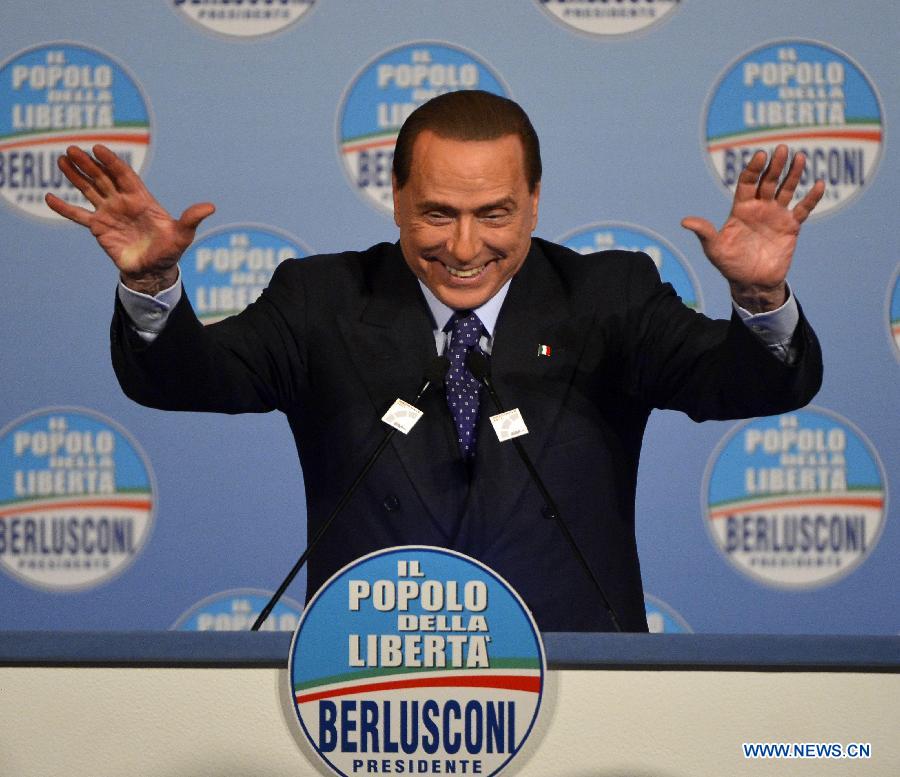 Italy's former Prime Minister Silvio Berlusconi delivers a speech during a campaign rally to present the list of the People of Freedom Party (PDL) candidates for the upcoming general elections, in Rome on January 25, 2013. (Xinhua/Alberto Lingria) 