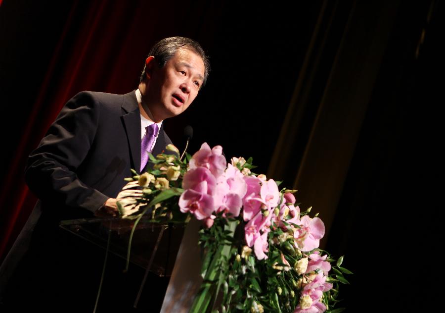 Chinese Ambassador to France Kong Quan adresses the closing ceremony of the Chinese Language Year in Paris, capital of France, on Jan. 24, 2013. The cross language year program, which included the Chinese Language Year in France followed by the French Language Year in China, was initiated by Chinese President Hu Jintao and former French President Nicolas Sarkozy in November 2010. (Xinhua/Gao Jing)