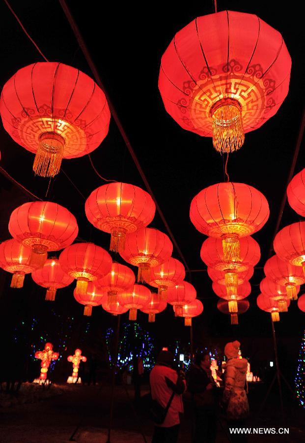 Local residents view colored lanterns on display at an ice and lantern art festival in Hengcheng scenic spot of Yinchuan, capital of northwest China's Ningxia Hui Autonomous Region, Jan. 25, 2013. The festival kicked off here on Friday. (Xinhua/Peng Zhaozhi) 