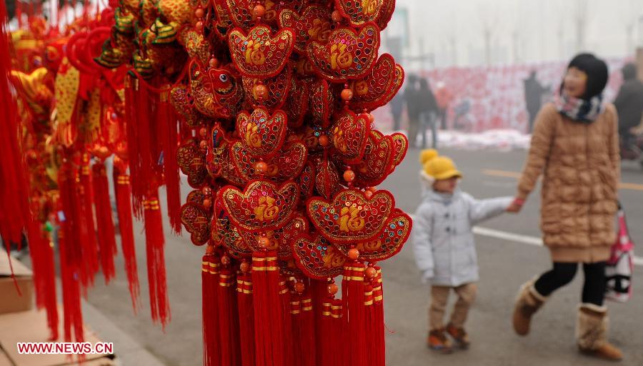 People go shopping at a market in Shijiazhuang, capital of north China's Hebei Province, Jan. 27, 2013. The market offers local customers goods and supplies for the coming Spring Festival which falls on Feb. 10 this year.(Xinhua/Zhu Xudong)