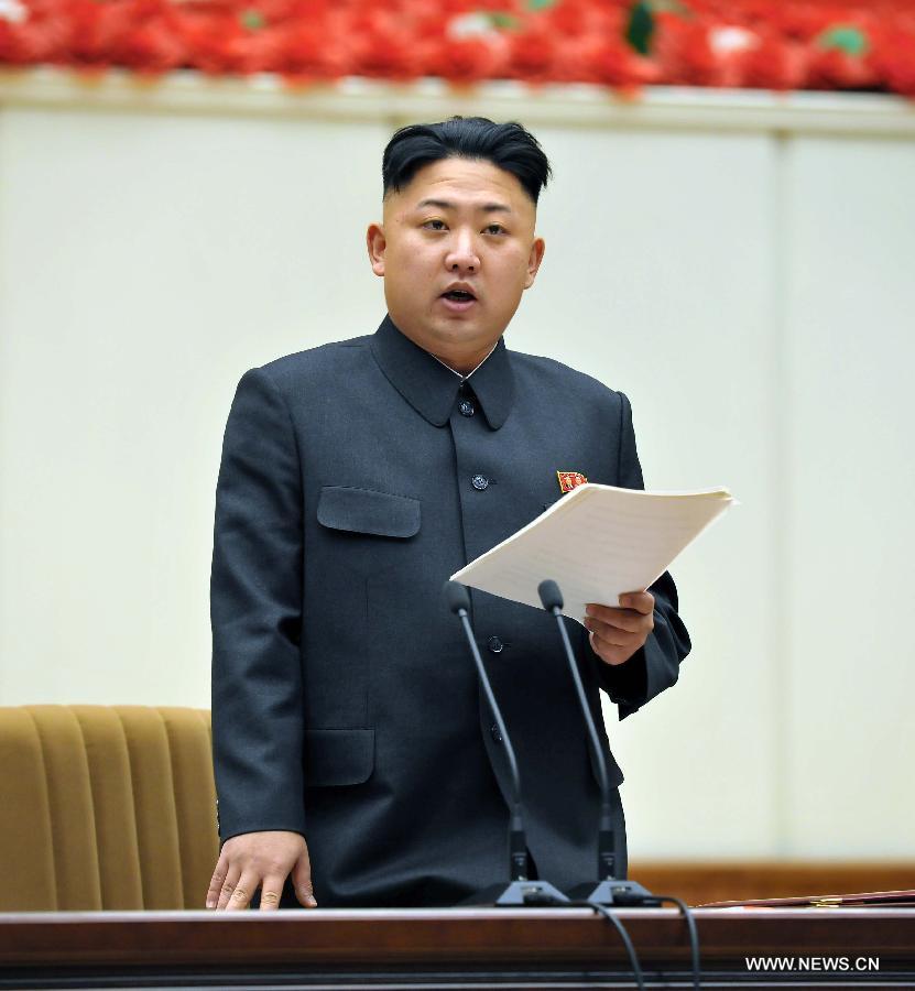 This photo provided by KCNA on Jan. 29, 2013 shows Kim Jong Un, first secretary of the Workers' Party of Korea (WPK) delivers an opening speech at the Fourth Meeting of Secretaries of Cells of the WPK in Pyongyang, the Democratic People's Republic of Korea (DPRK), on Jan. 28, 2013. The grassroots leaders' meeting of the WPK, which opened Monday, was attended by around 10,000 cadres from across the country, the official KCNA news agency reported Tuesday. (Xinhua/KCNA)