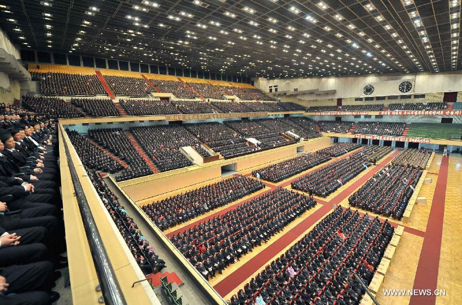 This photo provided by KCNA on Jan. 29, 2013 shows the scene of the Fourth Meeting of Secretaries of Cells of the Workers' Party of Korea (WPK) in Pyongyang, the Democratic People's Republic of Korea (DPRK), on Jan. 28, 2013. The grassroots leaders' meeting of the WPK, which opened Monday, was attended by around 10,000 cadres from across the country, the official KCNA news agency reported Tuesday. (Xinhua/KCNA)