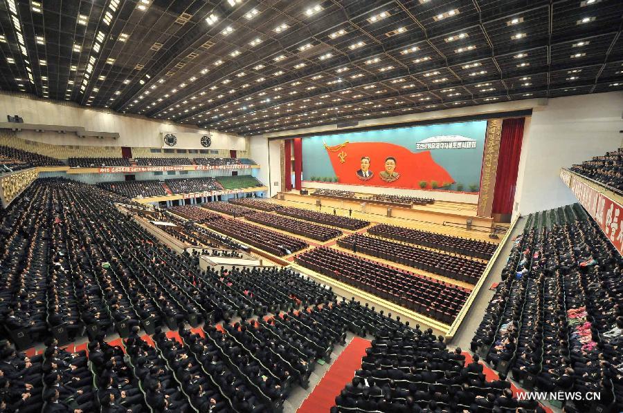 This photo provided by KCNA on Jan. 29, 2013 shows the scene of the Fourth Meeting of Secretaries of Cells of the Workers' Party of Korea (WPK) in Pyongyang, the Democratic People's Republic of Korea (DPRK), on Jan. 28, 2013. The grassroots leaders' meeting of the WPK, which opened Monday, was attended by around 10,000 cadres from across the country, the official KCNA news agency reported Tuesday. (Xinhua/KCNA)