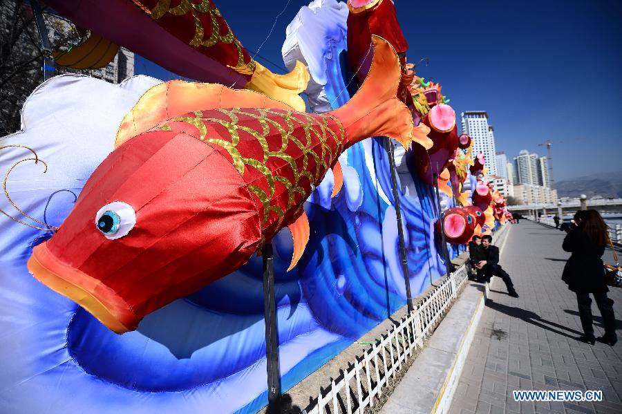 Citizens take photos in front of carp-shaped lanterns in Xining, capital of northwest China's Qinghai Province, Jan. 31, 2013. Various lanterns are used here to decorate the city for the upcoming China's Lunar New Year. (Xinhua/Zhang Hongxiang)
