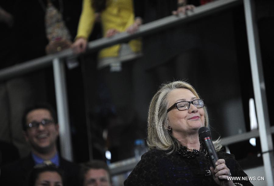 Outgoing U.S. Secretary of State Hillary Clinton speaks to State Department employees in Washington D.C. on Feb. 1, 2013. Clinton, replaced by John Kerry as the next secretary of state, bid a final farewell to her staff Friday. (Xinhua/Wang Yiou)