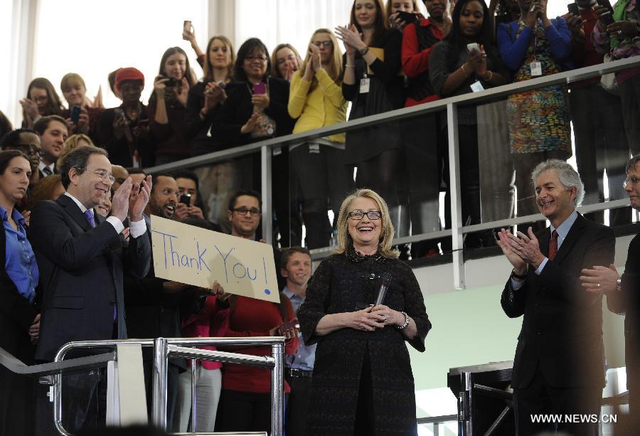 Outgoing U.S. Secretary of State Hillary Clinton speaks to State Department employees in Washington D.C. on Feb. 1, 2013. Clinton, replaced by John Kerry as the next secretary of state, bid a final farewell to her staff Friday. (Xinhua/Wang Yiou)