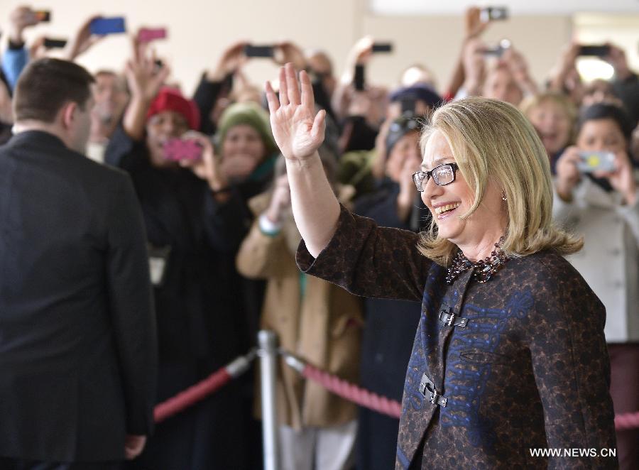 Outgoing U.S. Secretary of State Hillary Clinton speaks to State Department employees in Washington D.C. on Feb. 1, 2013. Clinton, replaced by John Kerry as the next secretary of state, bid a final farewell to her staff Friday. (Xinhua/Wang Yiou)