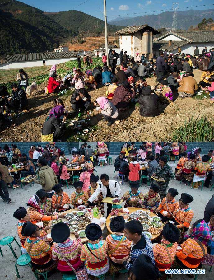 Combo photo taken on Jan. 31, 2013 shows the wedding banquet held separately at the bride's home (up) and the bridegroom's home (bottom) in Xinyu Village of Dechang County, southwest China's Sichuan Province, Jan. 31, 2013. Bride Gu Hongyan and bridegroom Lan Xiaoxiang held their wedding ceremony according to traditional custom of Lisu ethnic group. (Xinhua/Jiang Hongjing)