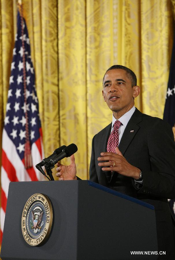 U.S. President Barack Obama speaks during a ceremony to award National Medal of Science and National Medal of Technology and Innovationat at the White House in Washington D.C., the United States, on Feb. 1, 2013. (Xinhua/Fang Zhe)