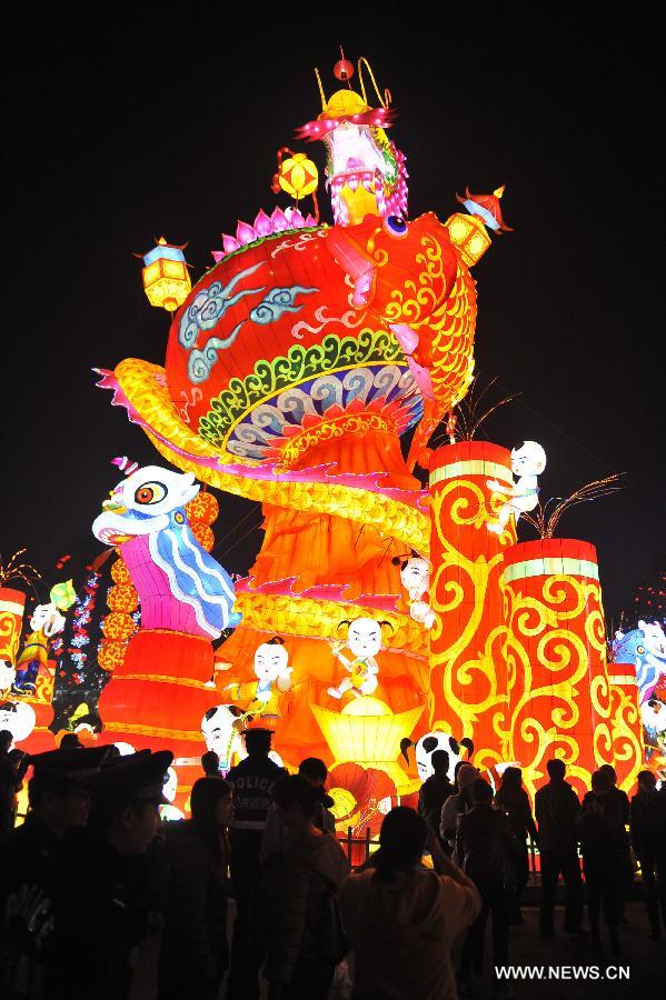 Illuminations are seen during a preview of the 19th Zigong International Dinosaur Lantern Festival in Zigong, southwest China's Sichuan Province, Feb. 2, 2013. The lantern festival is scheduled to be held here to celebrate the Chinese Lunar New Year. (Xinhua/Lu Peng)