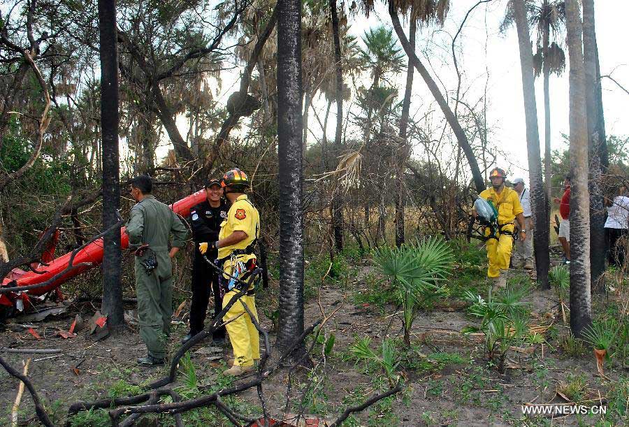 Rescuers work near the debris of the helicopter that transported former army chief and presidential candidate Lino Cesar Oviedo, near Puerto Antequera, Paraguay, on Feb. 3, 2013. Paraguayan presidential candidate Lino Cesar Oviedo was killed when a helicopter carrying him crashed in northern Paraguay late Saturday, said reports from Asuncion on Sunday. (Xinhua/Diario Abc Color) 