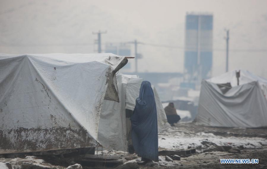 An Afghan woman asks for alms from a shopkeeper during heavy snowfall in Kabul, Afghanistan, on Feb. 2, 2013. Over the past two weeks, at least 17 people, 11 of them children, have died because of cold-related diseases in Afghanistan's resettlement areas, according to media reports. (Xinhua/Ahmad Massoud)