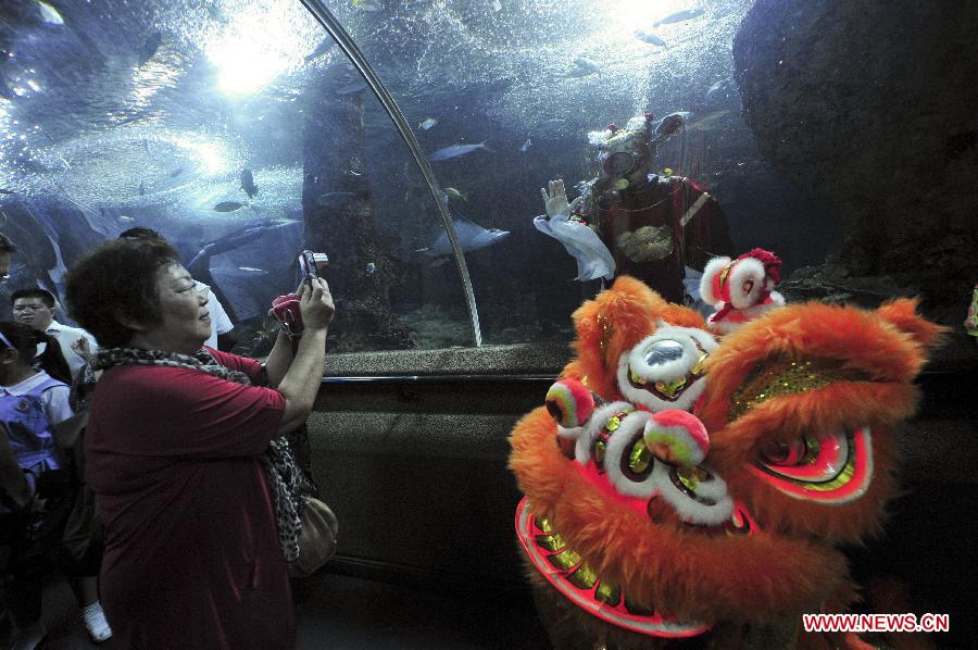 A visitor takes photos of the underwater Chinese "God of Fortune" at the Underwater World in Singapore, Feb. 5, 2013. The Chinese lunar New Year is to be celebrated on Feb. 10 this year. (Xinhua/Then Chih Wey) 